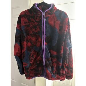HUF Jacket Mens Large Red Floral Fleece Full Zip Bomber Surf Gorpcore Streetwear